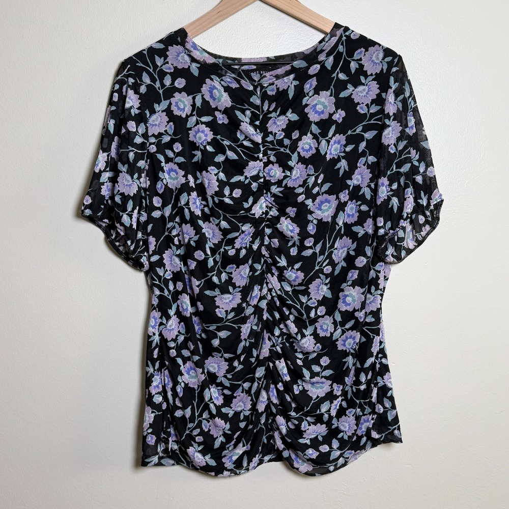 Lane Bryant Womens Plus 18/20 Purple Floral Mesh Ruched‎ Short Sleeve Blouse Top